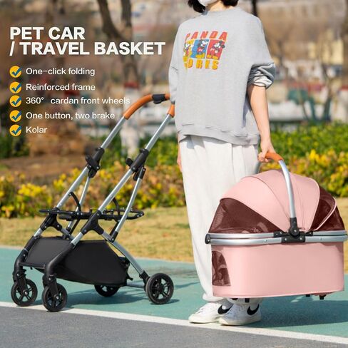 Pet Carrier Stroller 4 Wheels - Easy-Fold Dog Cat Stroller for Small Medium Dog Cats Carrier, Travel Folding Carrier Breathable and Visible Mesh with Cup Holder（Blue） in Saudi Arabia