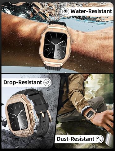 Luxury Watch Band with Case - Compatible with Apple Watch Series 9/8/7/SE2/SE/6/5/4 - Fits 45 mm/44 mm - Complete Protection, Brushed Metal Finish, Durable Strap, Ideal for Sports & Business in Saudi Arabia