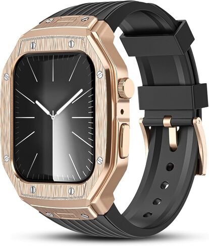 Luxury Watch Band with Case - Compatible with Apple Watch Series 9/8/7/SE2/SE/6/5/4 - Fits 45 mm/44 mm - Complete Protection, Brushed Metal Finish, Durable Strap, Ideal for Sports & Business in Saudi Arabia