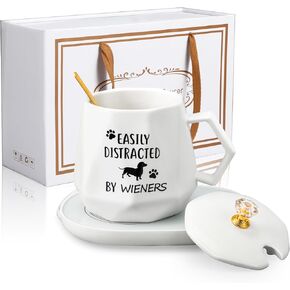 Dachshund Gifts Set Coffee Mug Warmer Gifts Set Coffee Warmer for Desk Weiner Dog Mug for Women Men Lover Gift Birthday Christmas for Friend Coworker Mom and Dad(White, Dachshund)