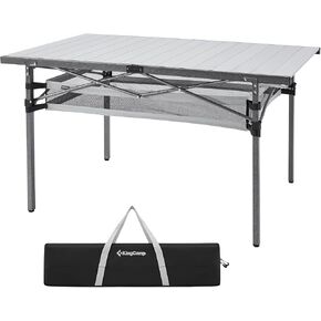 KingCamp Folding Camping Table, Aluminum Roll-Up Camp Table, Large Foldable Table for 6-8 Person, Outdoor Portable Tables with Carry Bag, 180 LBS Heavy Duty Load (Silver+Mesh：53.5"x27.5")