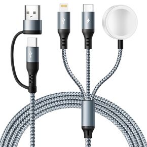 Upgraded 3 in 2 Multi Charging Cable for iPhone & iWatch, 4Ft Magnetic Wireless Apple Watch Charger USB C Cable Universal Travel Charger Nylon Braided for iWatch SE/9-1/& iPhone 16-1 (1, Grey, 4Ft)
