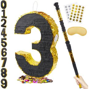 PCFING 20 Inch Number 3 Piñata Gold Black with 30 Inch Piñata Stick Blindfold Confetti for Man Women Kids Birthday Party Decorations, Anniversary Celebration, Fiesta