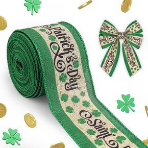Threetols St. Patrick's Day Wired Ribbon, 2.5" 10 Yards Shamrock Organza Decorative Ribbons Green Glitter Lucky Clover Wired Edge Wrapping Ribbon for Home Decor Gift Wrapping Wreath Wedding DIY Craft