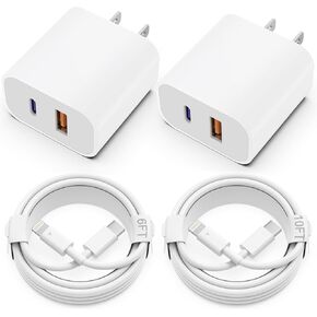 iPhone Charger Fast Charging, 2Pack 20W Dual Port Wall Charger Block with MFi Certified USB C to Lightning Cables (6FT+10FT) PD3.0/QC3.0 Adapter for iPhone 14-11 Series, iPad, AirPods Pro