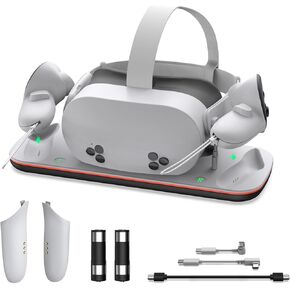 Charging Dock VR Stand for Meta Quest 3 / Quest 3S Supports Charging Headset with Type-C Magnetic Suction Cable and Rechargeable Battery Elaborate Design to Fit Controller