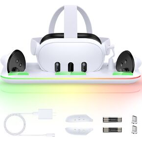 Charging Dock & Headset Stand for Meta Quest 3-14 RGB Modes Fast Charging Station with 2 Controller Rechargeable Batteries, All-in-One Storage for VR Headset Accessories & Controllers