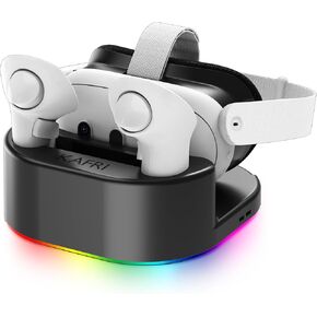 KAFRI Charging Dock for Meta/Oculus Quest 3/3s/2 Headset, VR Accessories Charger Station with RGB Light, Display Stand, and 2 USB C Charger for Head Strap or Other Devices (Not Charge Controller)