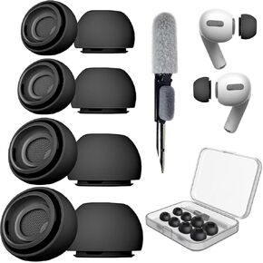 [4Pairs] Airpod Proand2nd Generation Reduction Memory Foam Ear Tips Replacement Set for AirPods Pro Ear Tips for Airpods Pro with Storage Case Cleaning Pen XS/S/M/L-Black