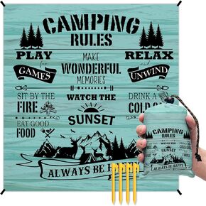Camping Rules Pocket Picnic Blankets, Camp Mini Beach Camping Blanket Waterproof Sandproof, Rustic RV Decorative Outdoor Picnic Blanket Mat Gifts for Camper Campsite Travel Hiking 55x60in