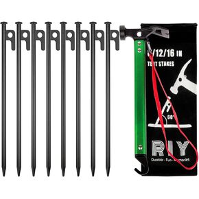 12'' 8pcs Tent Stakes and 12" Carbon Steel Aluminum Camping Hammer Green