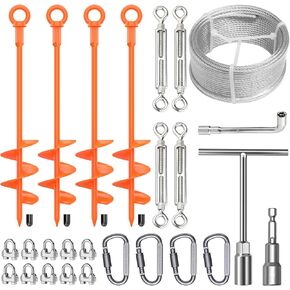 4 Pcs 18" Fully Welded Ground Anchors Shed Anchors Kit with 1/8" Galvanized Cable & Turnbuckles & Carabiners, Heavy Duty Earth Anchors for Sheds Trees Trampoline Greenhouse Swing Set Tent (Orange)