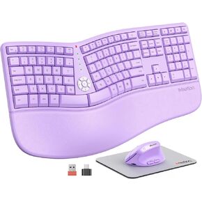 MEETION Ergonomic Wireless Keyboard and Mouse, Ergo Vertical Mouse, Split Keyboard Cushioned Wrist Palm Rest Rechargeable Full Size Natural Typing, Windows/Mac/Computer/PC Purple