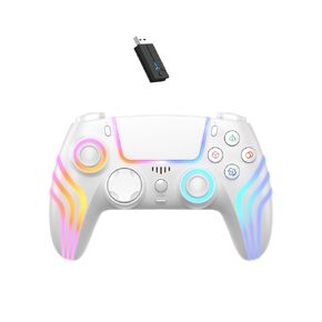 JDDWIN Wireless Gaming Controller Compatible with PS5/PS4/Switch/PC, with RGB LED Lights, Hall Effect, Trigger Stops, Marco, Turbo, Vibration, with 2.4g Adapter White