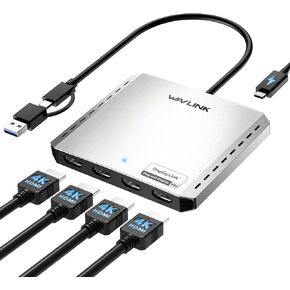 WAVLINK USB 3.0 or USB C to Quad HDMI Splitter Extended Display for Four Monitor with 85W PD, Displaylink Adapter 4 HDMI 4K@60Hz for Apple Mac M1/M2/M3/M4 or Windows 10/11, USB A/C to HDMI 4K Output
