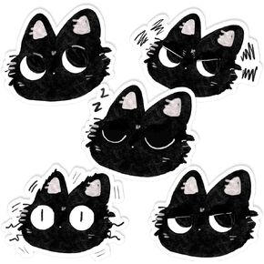 Kawaii Black Cat Cute Emoji Stickers 3'' Black Kitten Waterproof Decal for Journaling Laptop Kindle Water Bottle Stanley Cup Bumper 5pcs