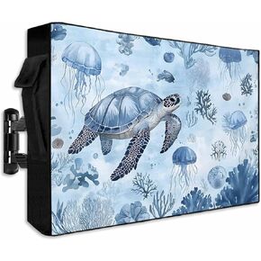 Blue Theme Summer Sea Turtle Outdoor TV Cover for Outside Flat Screen Televisions,Marine Life Jellyfish Coral Weatherproof TV Screen Protector with Zipper for 60 to 65 Inch Screens