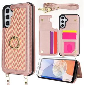 Asuwish Phone Case for Samsung Galaxy A14/M14 5G Wallet Cell Cover with Tempered Glass Screen Protector Ring Stand Card Holder Crossbody Lanyard Shoulder Strap A 14 4G 14A 14M G5 Women Girls Men Black