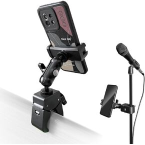 Clip Phone Holder for Desk,Pole,Pipe,Boom,Flat Surface with Adjustable Aluminium Arm Phone Clamp Mount for Mic Stand,Treadmill Compatible with All 4-7" Cell Phone (Short-Aluminium Arm Phone Holder)