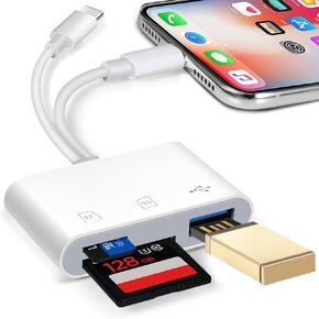 SD Card Reader for iPhone iPad, hua xun yuan Memory Card Reader Built-in Dual Lightning & USB-C Connector Card Adapter with SD/MicroSD/USB-A 3 Slots, No App Required, Plug and Play
