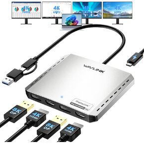 WAVLINK USB-C to HDMI & DisplayPort Adapter for 4 Monitors, Extended Quad Displays for Mac/Windows, Displalink USB C 3.2 to Dual 8K or Quad HDMI 4K@60Hz Splitter, Supports PD 85W Charing for Laptop.
