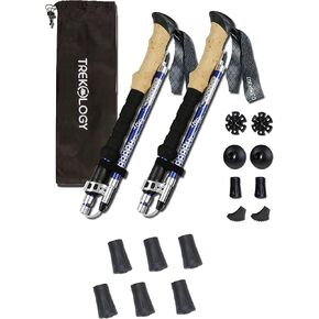 TREKOLOGY Trek-Z (Blue 115-135cm) Trekking Hiking Poles / 6 pc Replacement Rubber Tips - Collapsible Folding Walking Sticks,Adjustable Quick Flip-Lock, Foldable Trekking Poles for Hiking.