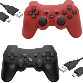 Eagolloar Wireless Controller 2 Pack for PS3, Dual Analog Bluetooth Rechargeable Game Controller for PS3 with Charging Cable,Dual Vibration- Red and Black
