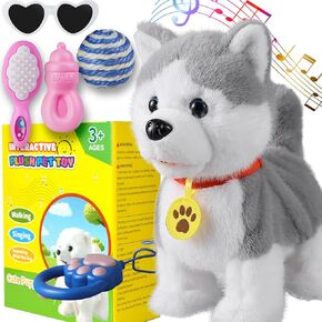 Walking Barking Singing Husky Puppy Toy, Repeats What You Say, Realistic Licking Tongue Wagging Tail Mechanical Dog with Electronic Touch or Handle Control, Interactive Musical Plush Pet for Kids