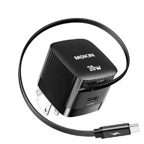USB-C Charger Block, 30W GaN 2 Port Fast Charging w/Built-in Retractable C Cable & Foldable Plug, PD/PPS for iPhone 16Pro Max/16/Galaxy/iPad/MacBook/Magsafe,Over-Heat Proof Compact Travel Charger
