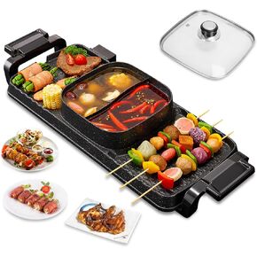 2 in 1 Electric Hot Pot with Grill 2800W Smokeless Non-Stick Korean BBQ Grill Shabu Shabu Hot Pot Combo with Independent Temperature Control 5 Gears Firepower For 3-10 People