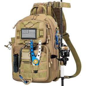 GMAK Fishing Backpack Tackle Sling Bag, Tactical Fishing Tackle Backpack with Rod & Gear Holder, Lightweight Outdoor Water-Resistant Tackle Gear Pack Shoulder Bags for Men Women, Black