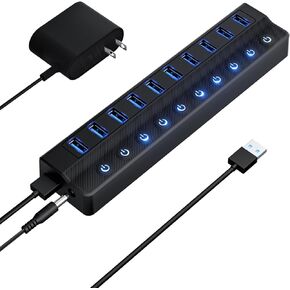 Powered USB Hub, Miuhhur 10-Port USB Splitter with Individual LED ON/Off Switches, USB Hub 3.0 with 12V 2A Power Adapter for PC Laptop MacBook, Mac Pro