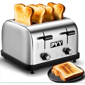 PYY Toaster Commercial 4 Slices- 225 Slices/Hour 1800W Pop Up Wide Slots 1.57 inch Stainless Steel 6-Level Setting with Removable Crumb Tray, Bread, Bagels, Breakfast, Restaurant