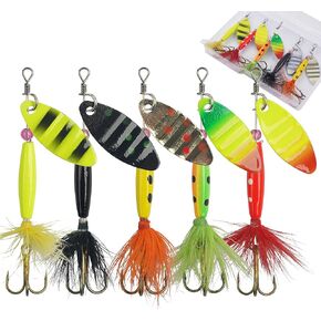 AGOOL Fishing Lures Spinner Baits with Rooster Feather Treble Hooks Inline Spinnerbaits Spoon Bass Salmon Trout Lures Hard Metal Kit with Tackle Box