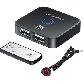 8K DisplayPort Switch 2 in 1 Out, NEWCARE Display Port Switch with Remote, DisplayPort Switcher Supports 8K@60Hz 4K@120Hz DP 1.4, Display Port Splitter Compatible with PC Laptop Monitor TV