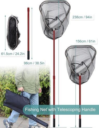 Avlcoaky Large Saltwater Rubber Fishing Net with Telescoping Handle & Carrying Bag Large Fish Net for Kayak Boat Fishing Landing Net with Handle Big Fish Nets Extend to 61-94in, Net Depth 24in in Saudi Arabia