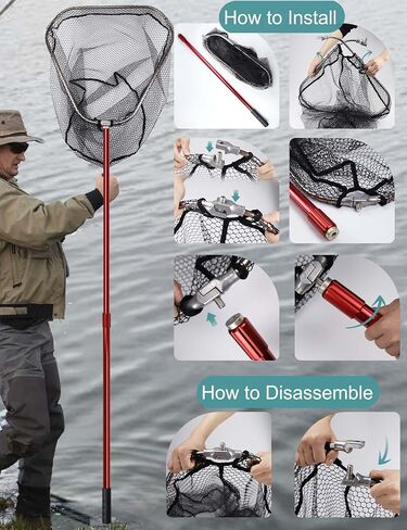 Avlcoaky Large Saltwater Rubber Fishing Net with Telescoping Handle & Carrying Bag Large Fish Net for Kayak Boat Fishing Landing Net with Handle Big Fish Nets Extend to 61-94in, Net Depth 24in in Saudi Arabia