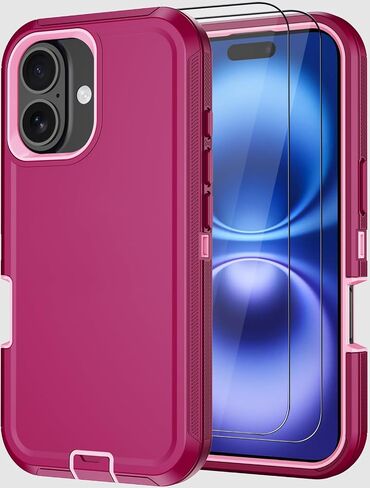 Designed for iPhone 16 Case, Military Grade 3-Layers Shockproof Dropproof Hybrid Cell Phone Cover with Screen Protectors X2, Heavy Duty Full-Body Protective Case for Apple iPhone 16 (Wine) in Saudi Arabia