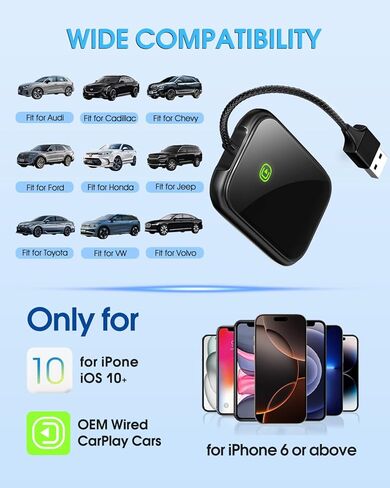 Wireless CarPlay Adapter - Fast & Stable Connection for Carplay Wireless Adapter Convert Factory Wired to Wireless CarPlay Dongle Plug & Play Car Play Fit for iPhone iOS 10+ (Black) in Kuwait