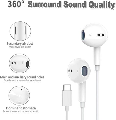 USB C Headphones Wired for iPhone 15/16, Type C Wired Headphones Earbuds Earphones in-Ear HiFi Stereo Sound with Mic Volume Control for iPhone 16 iPad Pro/Samsung Galaxy Ultra/USB-C Tablets PCs in Kuwait