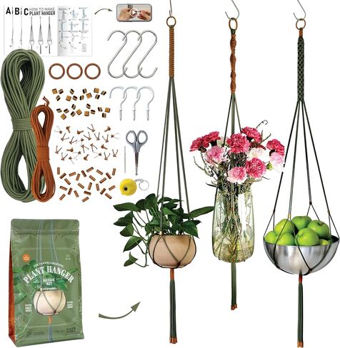 Macrame Kits for Beginners, 3 Set of Plant Hangers DIY Kit: Braided Polyester Ropes 50yds*5mm Ivory, 20yds*2mm Forest Green, 60+Pcs Supplies with Step-by-Step Easy Instructions (IVGR) in Saudi Arabia