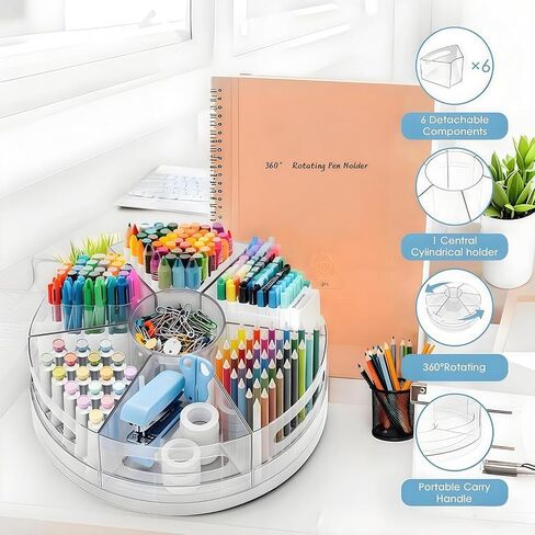 Acrylic Rotating Pencil Holder for Desk, 360 Degree Marker Organizer with 7 Removable Bins, Rotating Pen Holder for Desk, Art Supply Storage Organizer for office in Saudi Arabia