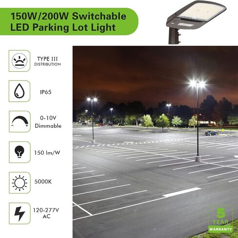 hykolity 150W/200W Switchable LED Parking Lot Light, 150LM/W 5000K LED Street Lighting with Photocell Sensor [400W-600W HPS Equiv.] 100-277V, Commercial Adjustable Slip Fitter Mount LED Shoebox Light in Saudi Arabia