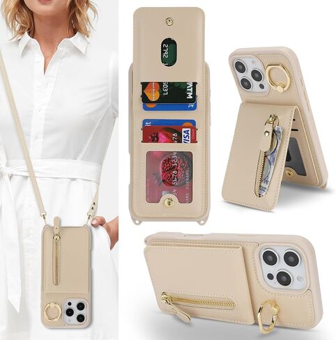 Jaorty Compatible with iPhone 16 Pro Case Wallet with Card Holder for Women Men,with Ring Holder,PU Leather Magnetic Snap Zipper Phone Case with Crossbody Strap for iPhone 16 Pro 6.3",Beige in Saudi Arabia