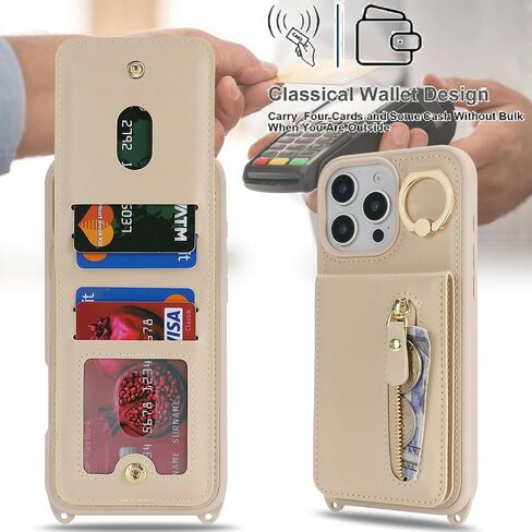 Jaorty Compatible with iPhone 16 Pro Case Wallet with Card Holder for Women Men,with Ring Holder,PU Leather Magnetic Snap Zipper Phone Case with Crossbody Strap for iPhone 16 Pro 6.3",Beige in Saudi Arabia
