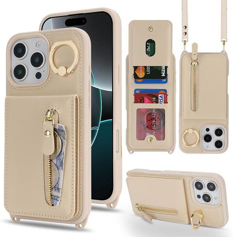 Jaorty Compatible with iPhone 16 Pro Case Wallet with Card Holder for Women Men,with Ring Holder,PU Leather Magnetic Snap Zipper Phone Case with Crossbody Strap for iPhone 16 Pro 6.3",Beige in Saudi Arabia