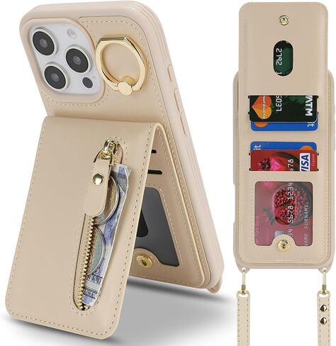 Jaorty Compatible with iPhone 16 Pro Case Wallet with Card Holder for Women Men,with Ring Holder,PU Leather Magnetic Snap Zipper Phone Case with Crossbody Strap for iPhone 16 Pro 6.3",Beige in Saudi Arabia