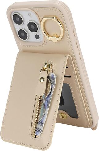 Jaorty Compatible with iPhone 16 Pro Case Wallet with Card Holder for Women Men,with Ring Holder,PU Leather Magnetic Snap Zipper Phone Case with Crossbody Strap for iPhone 16 Pro 6.3",Beige in Saudi Arabia