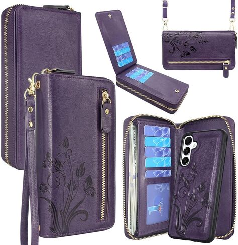 Lacass for Samsung Galaxy A16 5G Wallet Case ، Crossbody dual zipper detachable wallet wallet cover cover strap strap 13 card slots money (floral wine red) in Kuwait