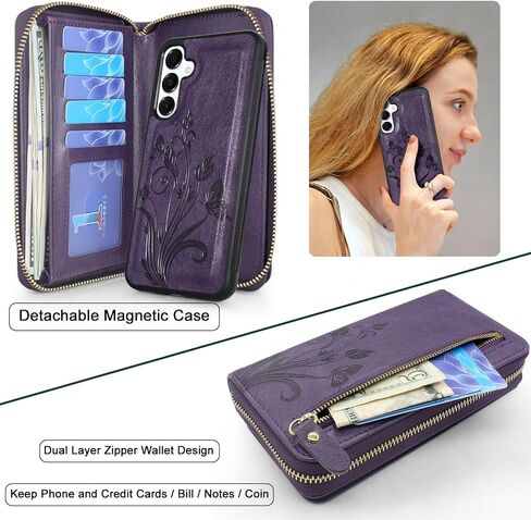Lacass for Samsung Galaxy A16 5G Wallet Case ، Crossbody dual zipper detachable wallet wallet cover cover strap strap 13 card slots money (floral wine red) in Kuwait